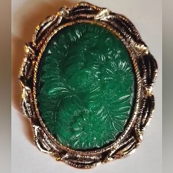 Carved Peking Jade Glass Flower Brooch Silver Tone Vintage Czech Untested Silver - Picture 3 of 7